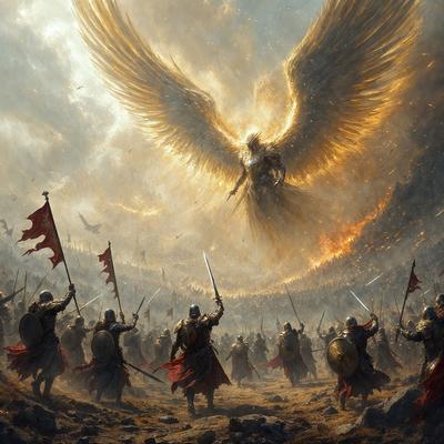 The primary subject of the image is a large, winged figure, possibly an angel or a warrior, standing in the middle of a group of people. The setting appears to be a battlefield, with the figure surrounded by a crowd of people holding swords. The visual style of the image is a painting, which adds a sense of drama and intensity to the scene. The colors in the painting are predominantly dark, with the figure and the people's clothing being predominantly red, which adds to the dramatic atmosphere.